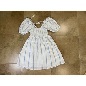 NWT Cotton On Poppy Shirred Puffed Sleeve Mini Dress Women's Sz S Blue Striped